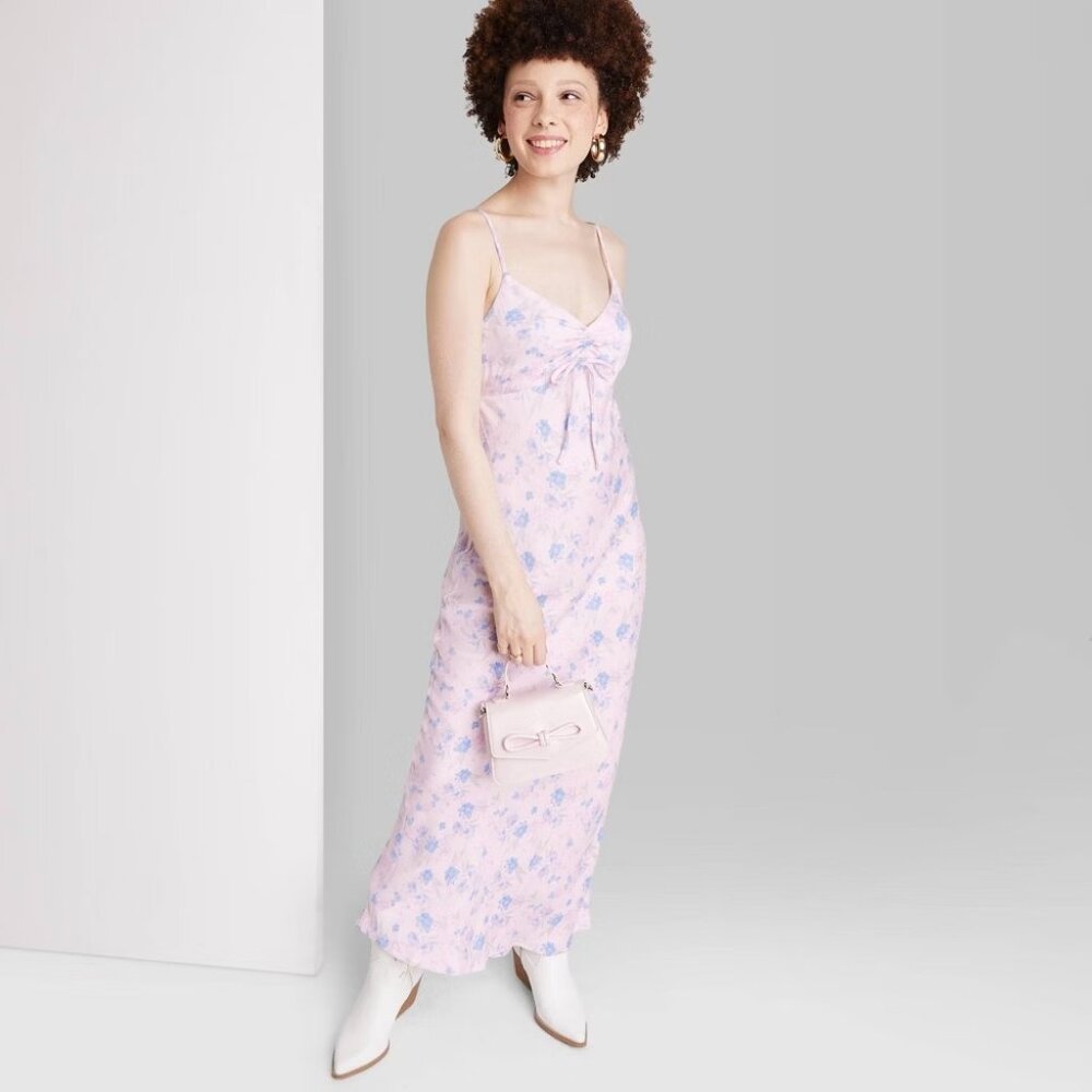 Wild Fable Slip Dress Maxi Pink Floral Ruched VNeck Sleeveless NWT